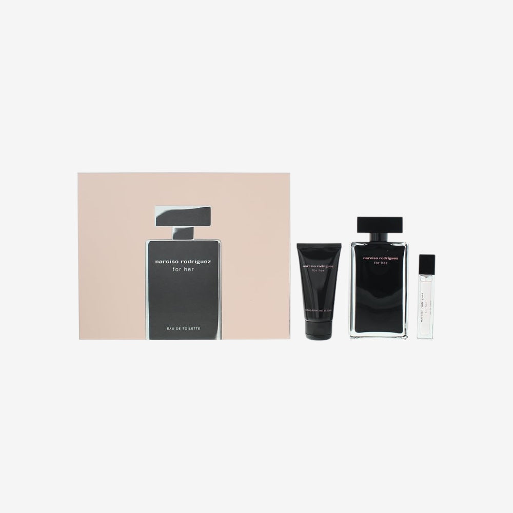 Narciso Rodriguez For Her Eau de Toilette, 100 ml, Geschenkset 2023 (enthält 100 ml EDT, 50 ml Body Lotion und 10 ml Travel Spray)