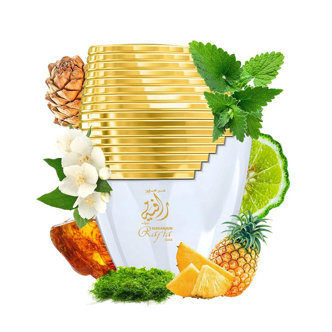 Al Haramain Rafia Gold New Edition 100 ml Eau de Parfum Spray | Arabisches Unisex-Parfüm | Langanhaltender Duft mit Bergamotte, Ananas, Zedernholz, Patchouli und Jasmin | Orientalischer Duft