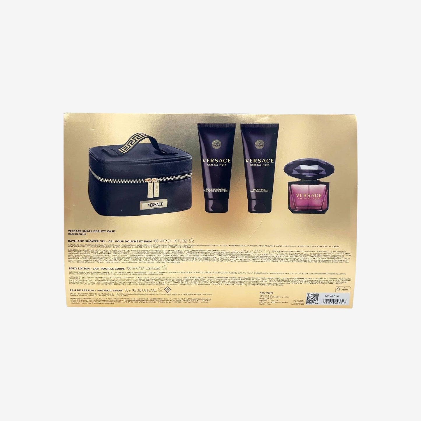 Versace Crystal Noir by Versace for Women – 4 Stück Geschenkset 3 oz EDP Spray, 3,4 oz Body Lotion, 3,4 oz Duschgel, Beautycase
