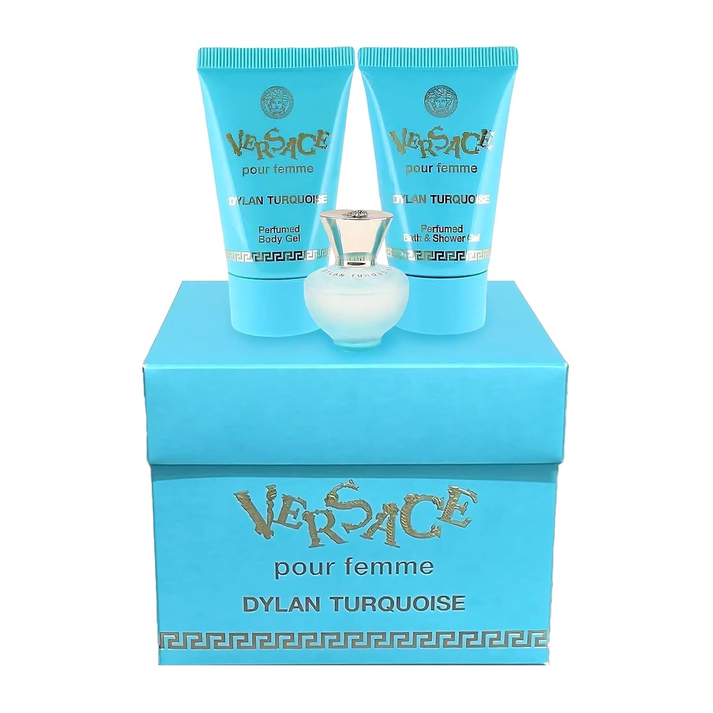 Versace Dylan Turquoise Damen Mini Parfüm drei teiliges Geschenk Set (5ml EDT Zerstäuber, 23ml Körpergel & 23ml Duschgel)