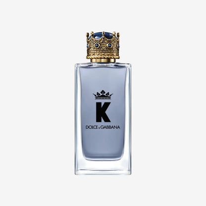 Dolce & Gabbana K Eau de Toilette 100ml, a fresh aromatic fragrance in a clear glass bottle with a crown-shaped cap.