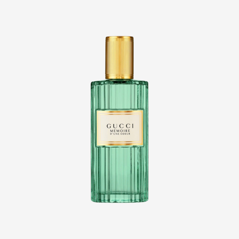 Gucci Mémoire D'Une Odeur unisex Eau de Parfum, 60ml, aromatic fragrance in a fluted green glass bottle with gold cap.