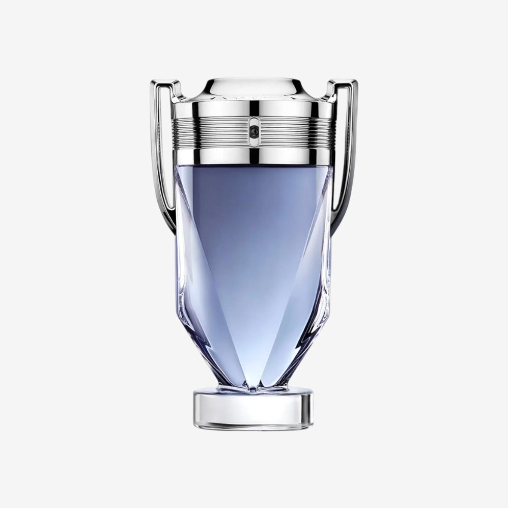 Paco Rabanne Invictus Eau de Toilette for men, 200ml, in a trophy-shaped glass bottle with blue liquid and silver accents.