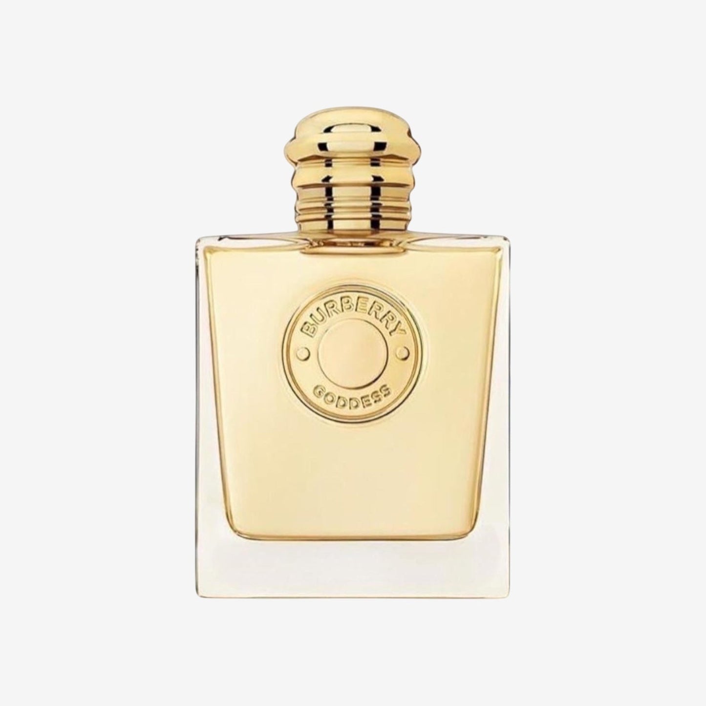 Burberry Goddess Eau de Parfum for women, 100ml. Golden glass bottle with embossed logo and gold cap.