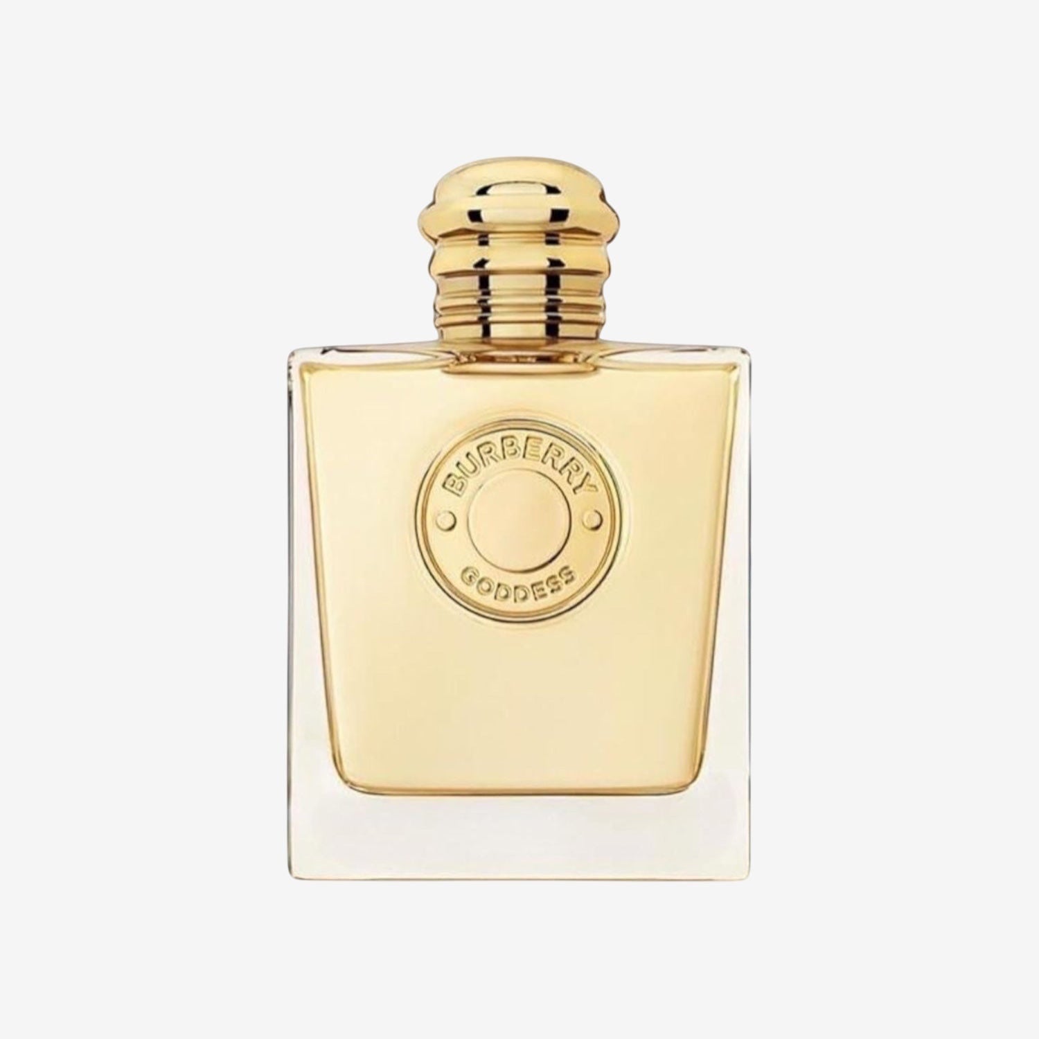 Burberry Goddess Eau de Parfum for women, 100ml. Golden glass bottle with embossed logo and gold cap.