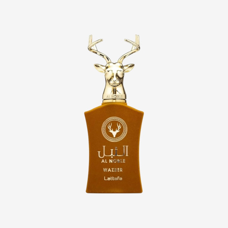 Maison Alhambra Al Noble Wazeer Eau de Parfum, 100ml, amber bottle with gold deer head cap. Citrus scent.