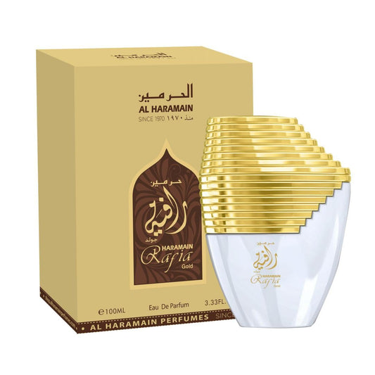 Al Haramain Rafia Gold New Edition 100 ml Eau de Parfum Spray | Arabisches Unisex-Parfüm | Langanhaltender Duft mit Bergamotte, Ananas, Zedernholz, Patchouli und Jasmin | Orientalischer Duft