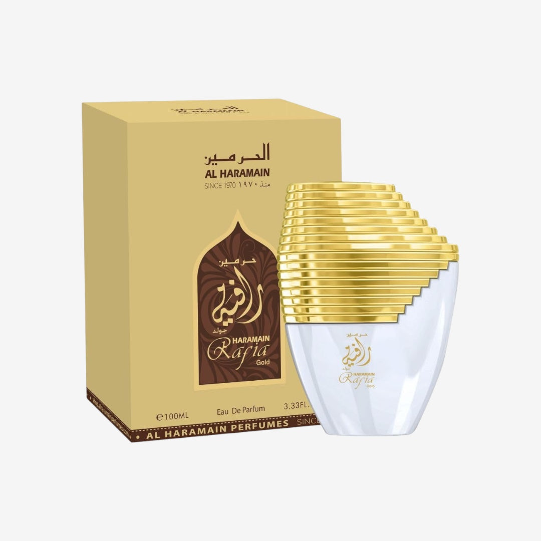 Al Haramain Rafia Gold New Edition 100 ml Eau de Parfum Spray | Arabisches Unisex-Parfüm | Langanhaltender Duft mit Bergamotte, Ananas, Zedernholz, Patchouli und Jasmin | Orientalischer Duft
