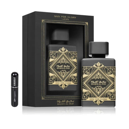 Lattafa Badee Al Oud - Oud for Glory EDP 100 ml, Unisex-Arabisches Parfüm mit langer Haltbarkeit, inklusive nachfüllbarem Zerstäuber 5 ml, Duft mit Oud-Holz, Muskatnuss, Safran und Patschuli (Oud for