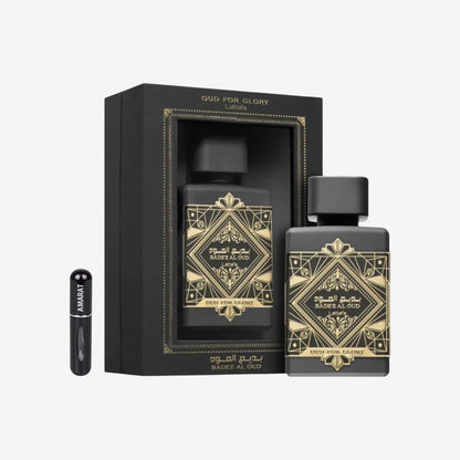 Lattafa Badee Al Oud - Oud for Glory EDP 100 ml, Unisex-Arabisches Parfüm mit langer Haltbarkeit, inklusive nachfüllbarem Zerstäuber 5 ml, Duft mit Oud-Holz, Muskatnuss, Safran und Patschuli (Oud for