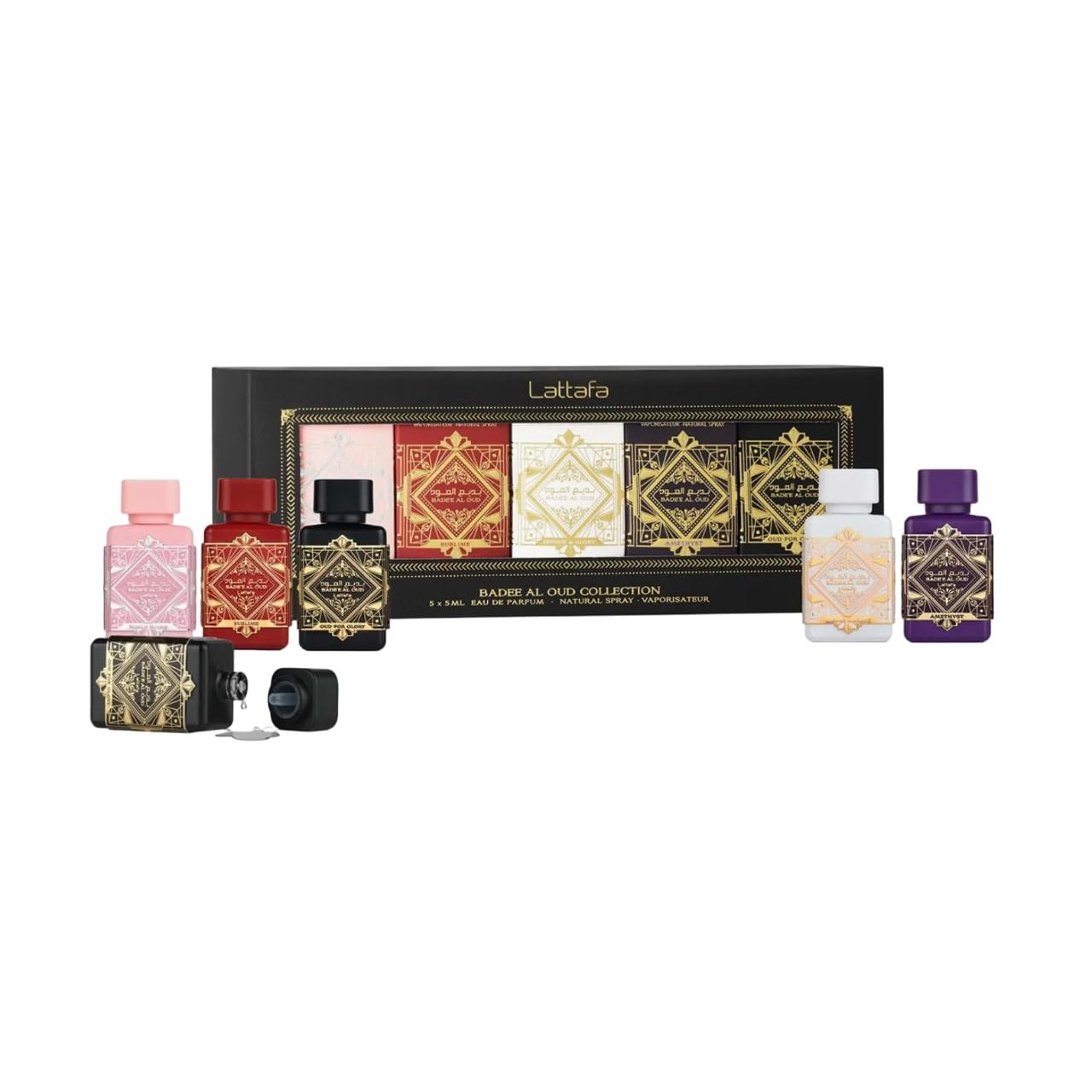 Lattafa Badee Al Oud Collection Set mit 5 Mini-Parfums, 5 ml, Eau de Parfum – Glory, Noble Blush, Amethyst, Honor & Glory und Sublime – Intensive und elegante arabische Düfte (Badee 5 x 5 ml)