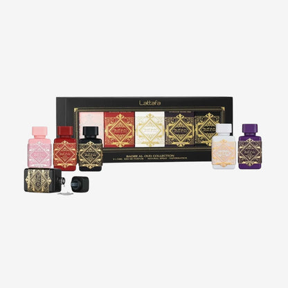 Lattafa Badee Al Oud Collection Set mit 5 Mini-Parfums, 5 ml, Eau de Parfum – Glory, Noble Blush, Amethyst, Honor & Glory und Sublime – Intensive und elegante arabische Düfte (Badee 5 x 5 ml)