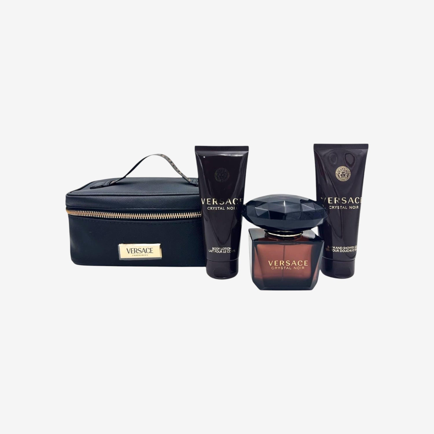 Versace Crystal Noir by Versace for Women – 4 Stück Geschenkset 3 oz EDP Spray, 3,4 oz Body Lotion, 3,4 oz Duschgel, Beautycase