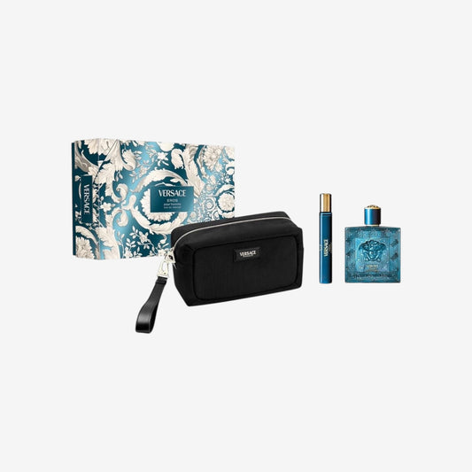 Versace Eros Eau de Parfum Geschenkset 2025, 100 ml Eau de Parfum, 10 ml Reisespray und Kulturbeutel