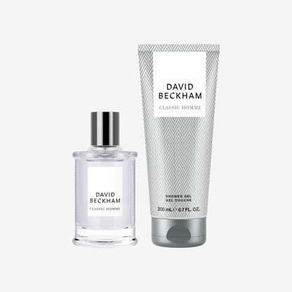 David Beckham Classic Homme Geschenkset mit Eau de Toilette und Duschgel, rauchiger, würziger Duft für Männer, 50 ml und 200 ml