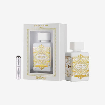 Lattafa Badee Al Oud - Oud for Glory EDP 100 ml, Unisex-Arabisches Parfüm mit langer Haltbarkeit, inklusive nachfüllbarem Zerstäuber 5 ml, Duft mit Oud-Holz, Muskatnuss, Safran und Patschuli (Oud for