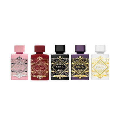 Lattafa Badee Al Oud Collection Set mit 5 Mini-Parfums, 5 ml, Eau de Parfum – Glory, Noble Blush, Amethyst, Honor & Glory und Sublime – Intensive und elegante arabische Düfte (Badee 5 x 5 ml)