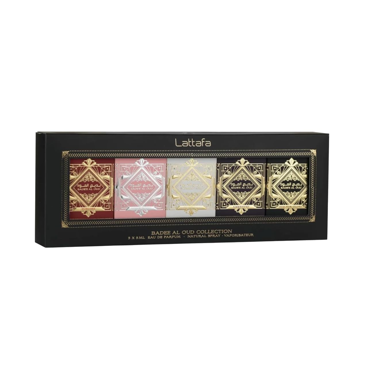 Lattafa Badee Al Oud Collection Set mit 5 Mini-Parfums, 5 ml, Eau de Parfum – Glory, Noble Blush, Amethyst, Honor & Glory und Sublime – Intensive und elegante arabische Düfte (Badee 5 x 5 ml)