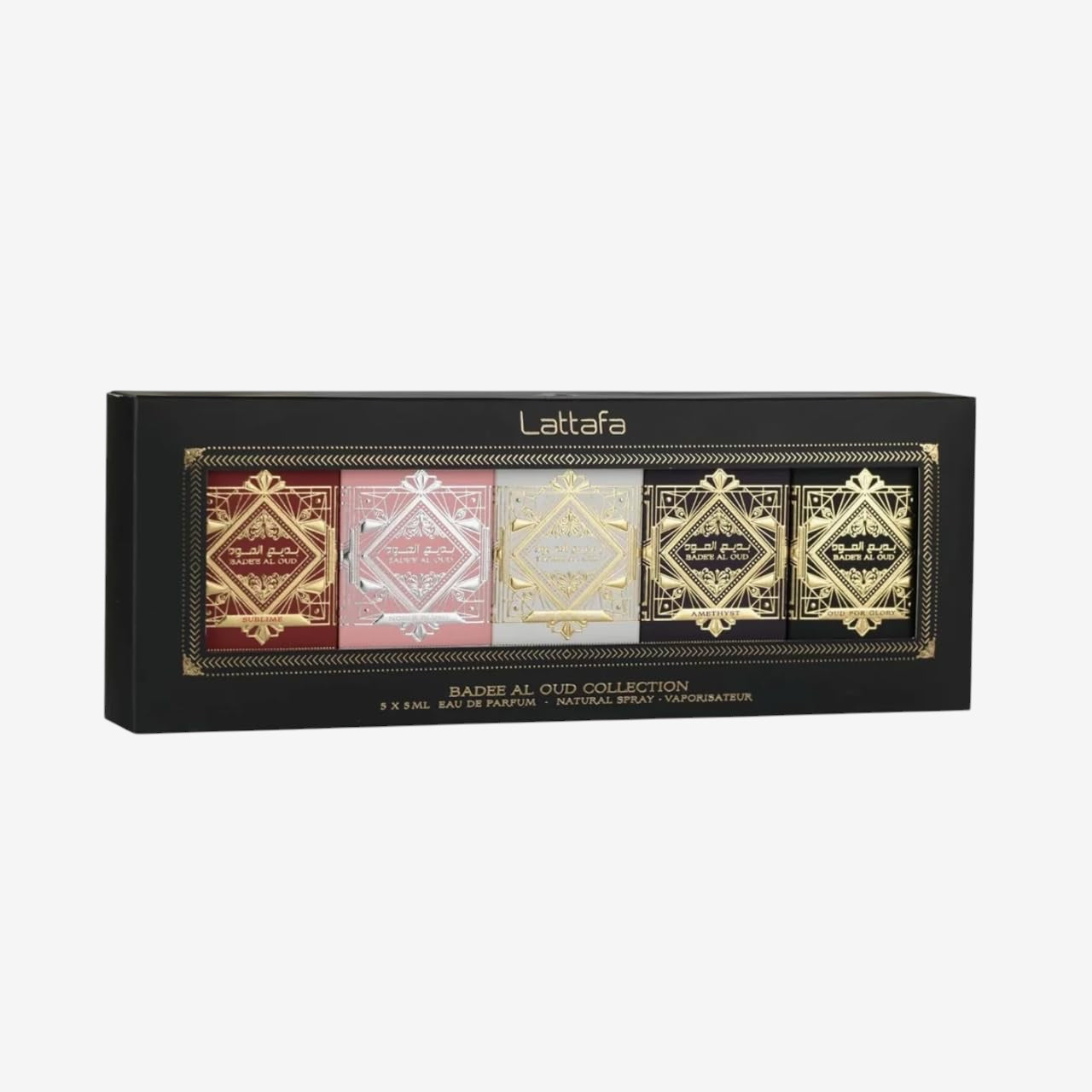 Lattafa Badee Al Oud Collection Set mit 5 Mini-Parfums, 5 ml, Eau de Parfum – Glory, Noble Blush, Amethyst, Honor & Glory und Sublime – Intensive und elegante arabische Düfte (Badee 5 x 5 ml)