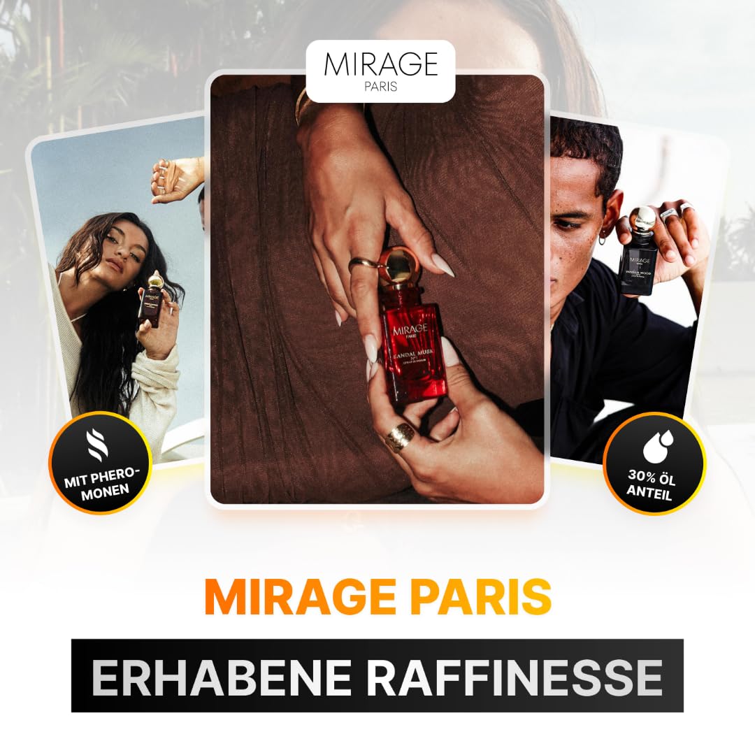 Mirage Paris Sandal Musk No.1 – Extrait de Parfum Unisex (30% Duftöl), mit Pheromonen, langanhaltend & elegant, Sandelholz & Moschus, 50 ml + gratis Duftprobe
