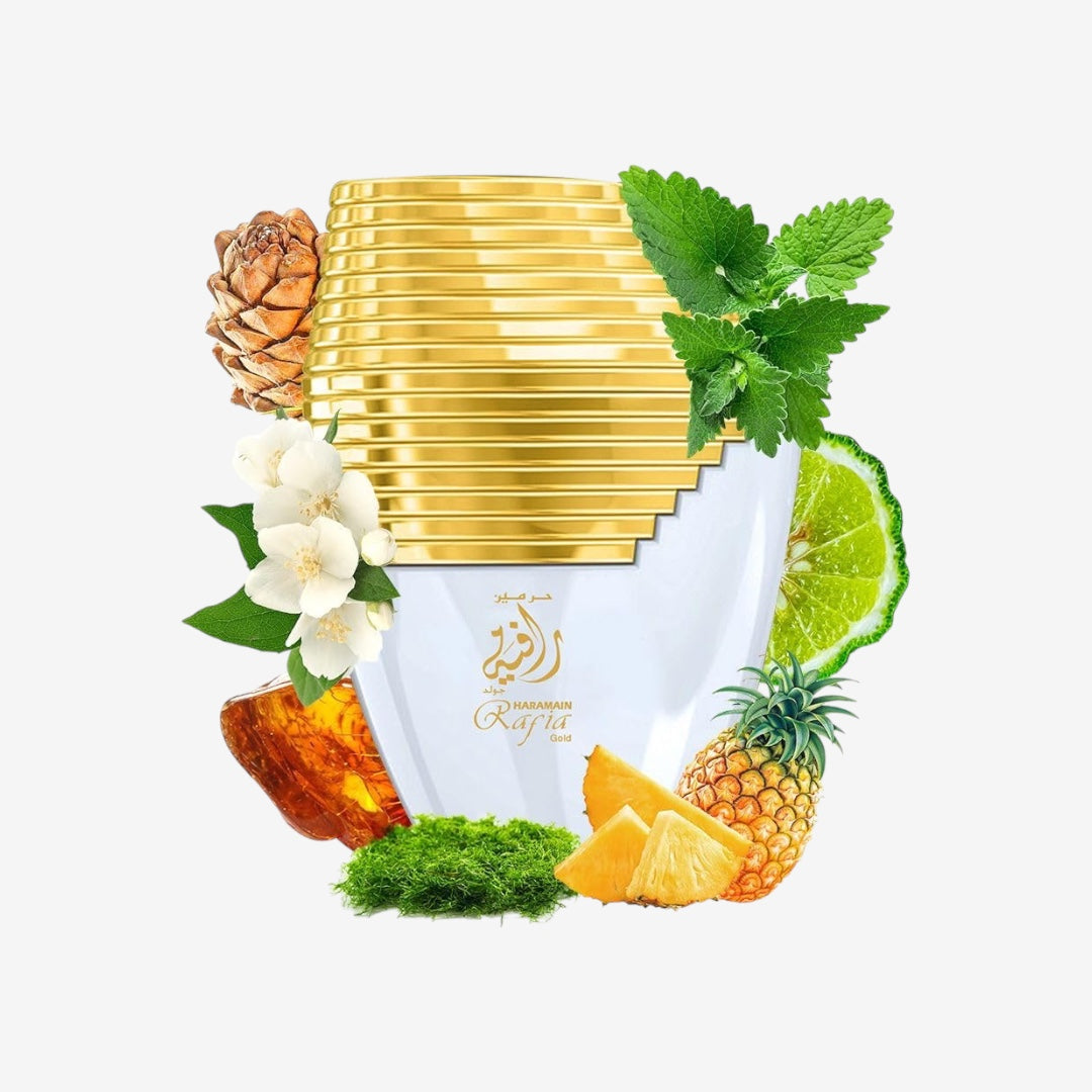 Al Haramain Rafia Gold New Edition 100 ml Eau de Parfum Spray | Arabisches Unisex-Parfüm | Langanhaltender Duft mit Bergamotte, Ananas, Zedernholz, Patchouli und Jasmin | Orientalischer Duft