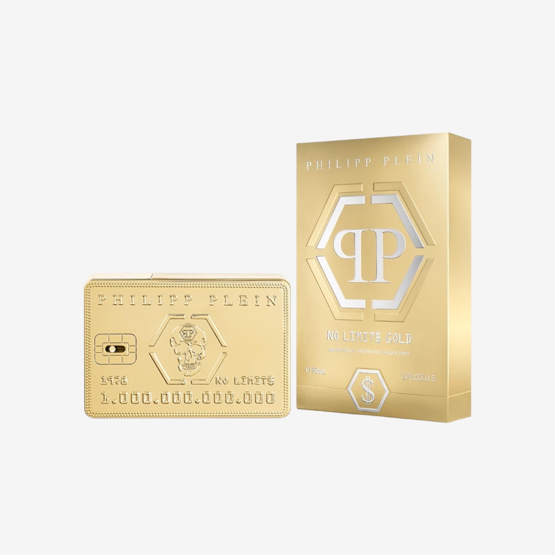 Philipp Plein – Eau de Parfum No Limits Gold 90 ml – Herrenparfüm – Holz- und Ambernoten – Ein kühner und opulenter Duft – Holziger Amber – Goldlackierter Glasflakon
