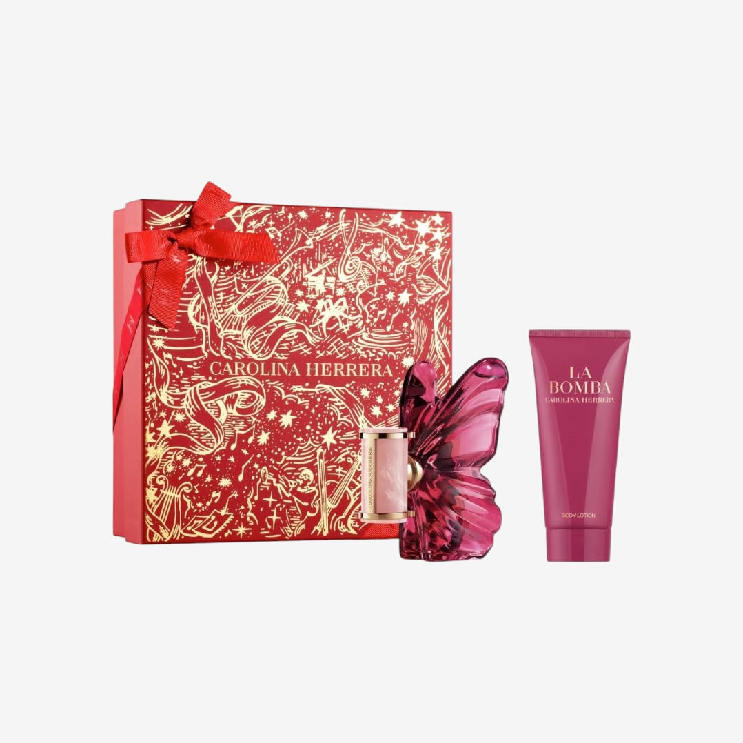 Carolina Herrera La Bomba Geschenkset mit Eau de Parfum 50ml und Bodylotion 100ml, Luxuriöse Rote Geschenkbox mit Goldmuster, Damenduft mit Blumig-Orientalischen Noten