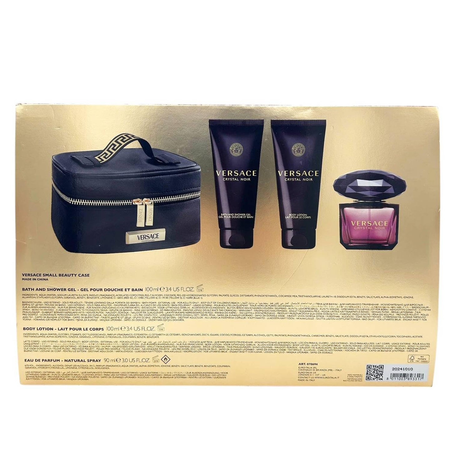 Versace Crystal Noir by Versace for Women – 4 Stück Geschenkset 3 oz EDP Spray, 3,4 oz Body Lotion, 3,4 oz Duschgel, Beautycase
