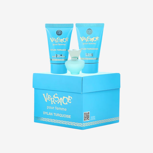 Versace Dylan Turquoise Damen Mini Parfüm drei teiliges Geschenk Set (5ml EDT Zerstäuber, 23ml Körpergel & 23ml Duschgel)