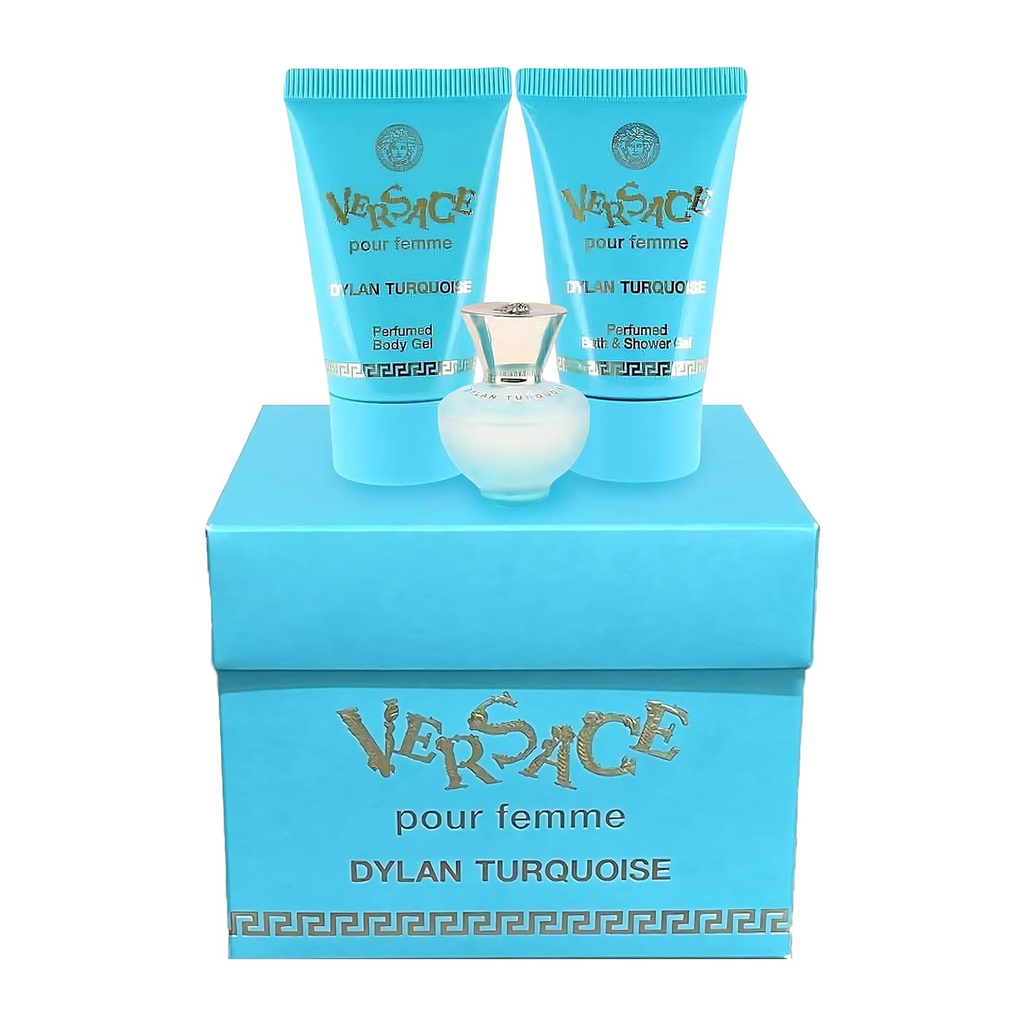 Versace Dylan Turquoise Damen Mini Parfüm drei teiliges Geschenk Set (5ml EDT Zerstäuber, 23ml Körpergel & 23ml Duschgel)