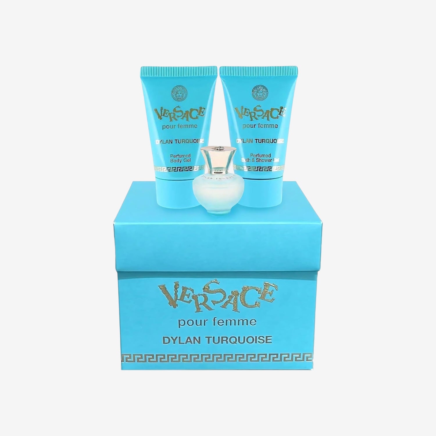 Versace Dylan Turquoise Damen Mini Parfüm drei teiliges Geschenk Set (5ml EDT Zerstäuber, 23ml Körpergel & 23ml Duschgel)