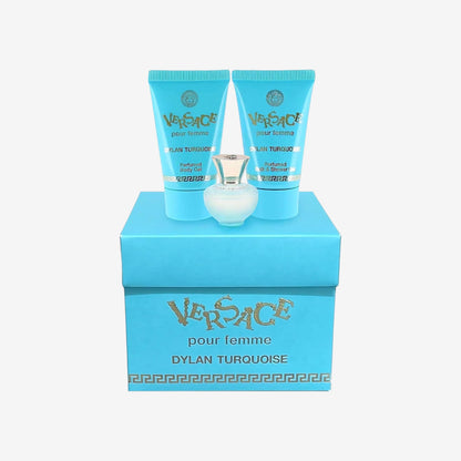 Versace Dylan Turquoise Damen Mini Parfüm drei teiliges Geschenk Set (5ml EDT Zerstäuber, 23ml Körpergel & 23ml Duschgel)