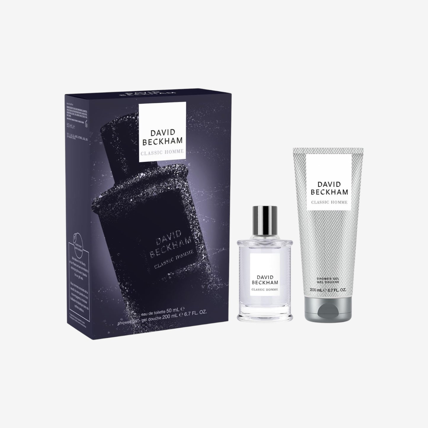 David Beckham Classic Homme Geschenkset mit Eau de Toilette und Duschgel, rauchiger, würziger Duft für Männer, 50 ml und 200 ml