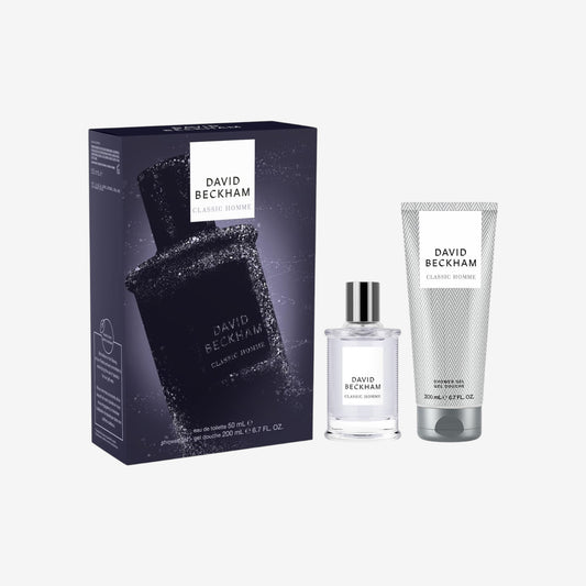 David Beckham Classic Homme Geschenkset mit Eau de Toilette und Duschgel, rauchiger, würziger Duft für Männer, 50 ml und 200 ml