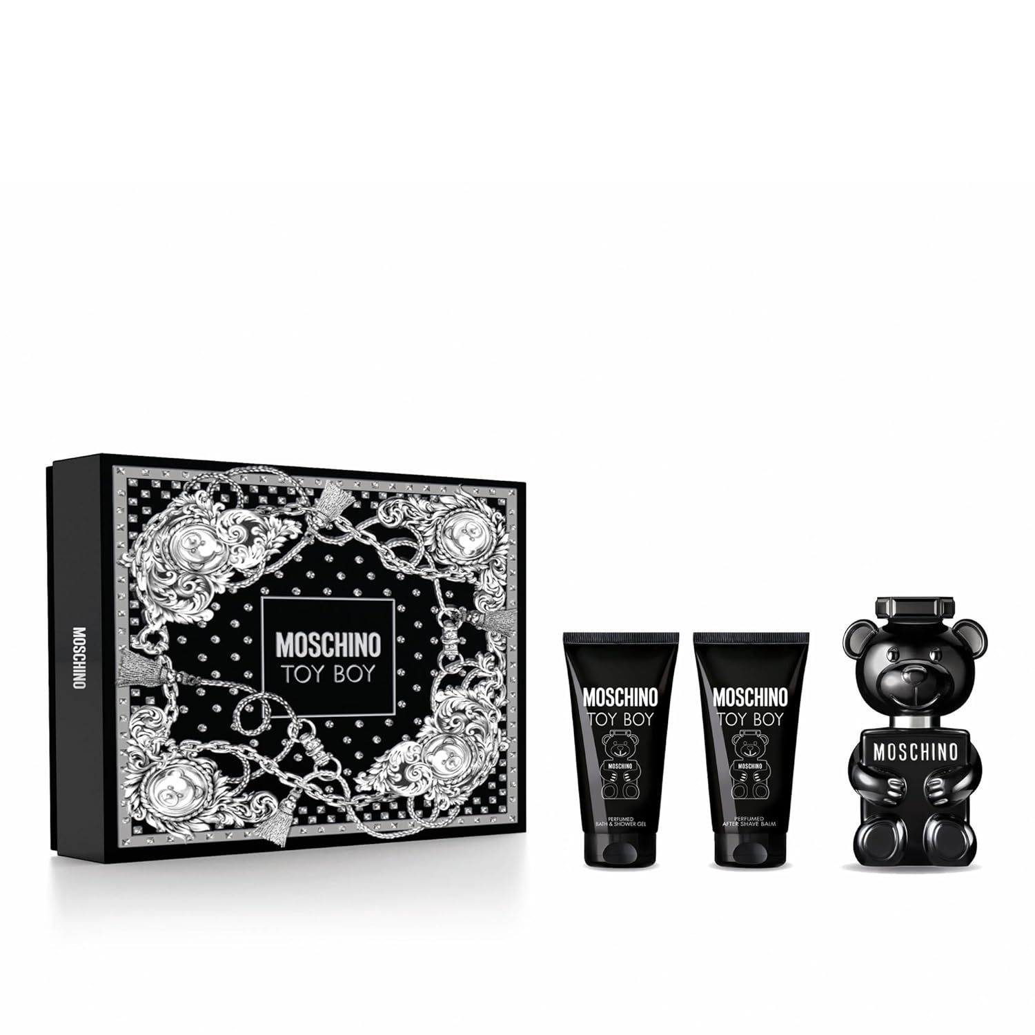 Moschino Toy Boy von Moschino für Männer - 3-teiliges Geschenkset 50 ml EDP Spray, Dusch- und Badegel, After Shave Balsam