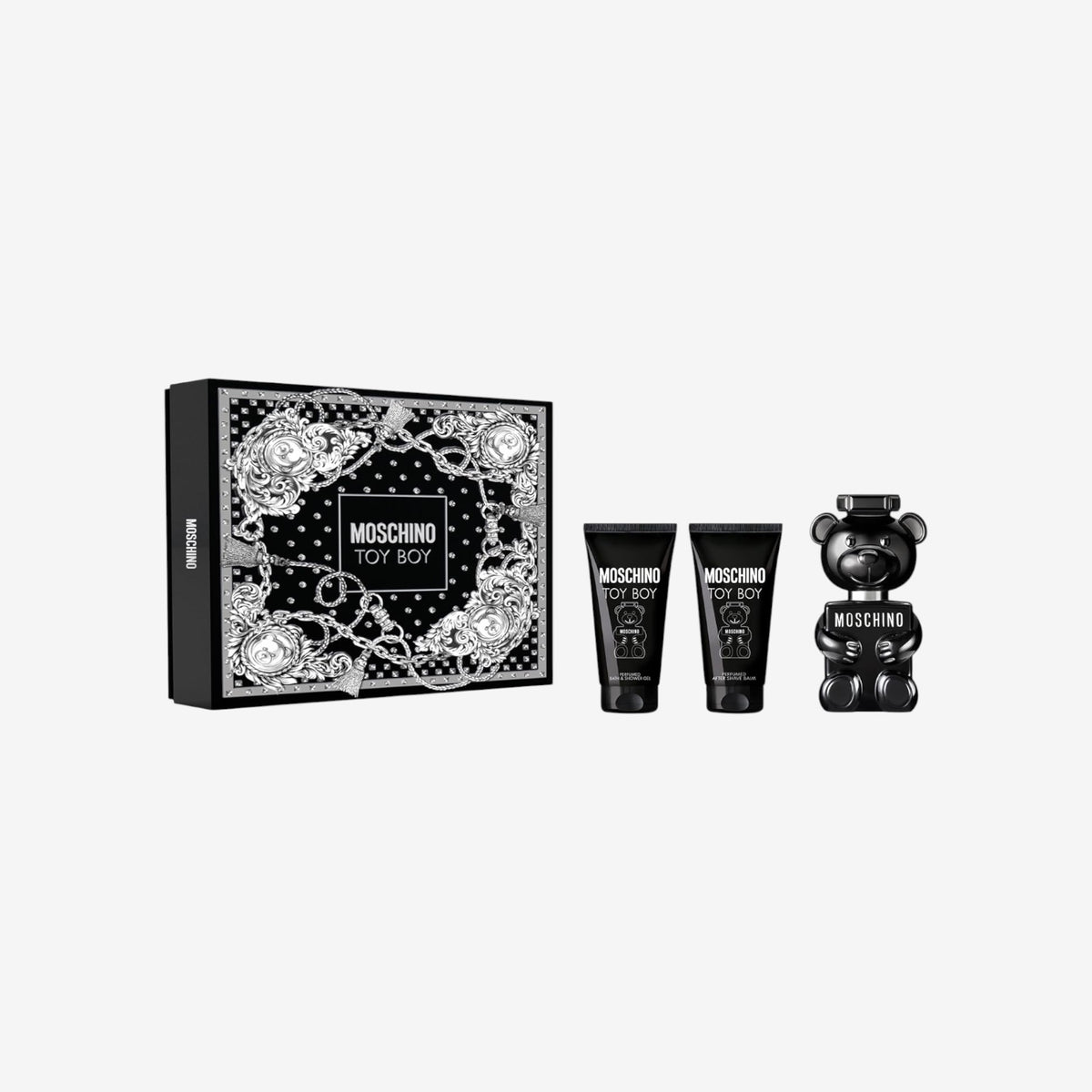 Moschino Toy Boy von Moschino für Männer - 3-teiliges Geschenkset 50 ml EDP Spray, Dusch- und Badegel, After Shave Balsam