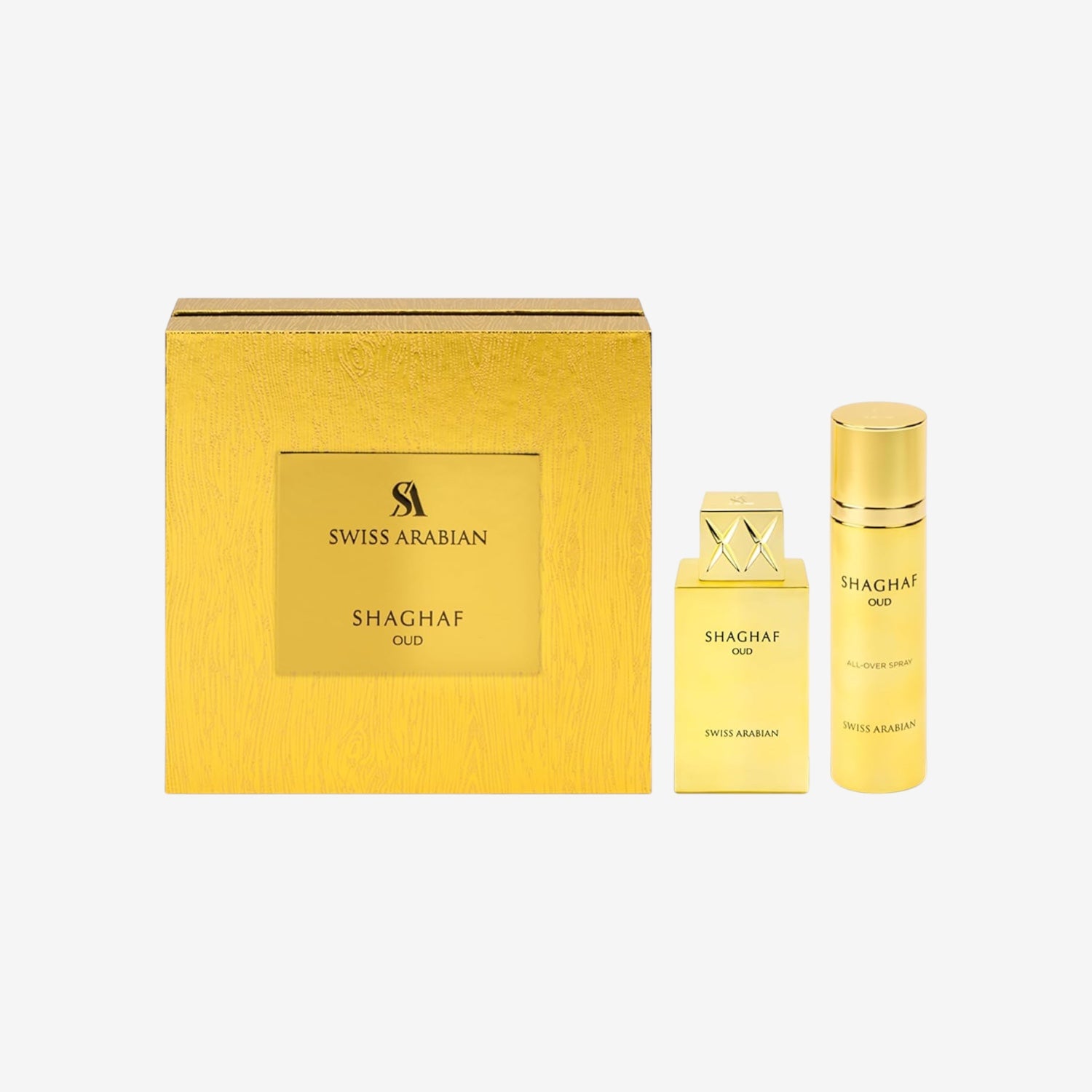 Swiss Arabian Shaghaf Oud Eau de Parfum Unisex 75ML + Körper Deo-Spray 75ML - Eine luxuriöse Duftkomposition aus Safran, Oud, Rose, Praline & Vanille - Orientalisches Aroma