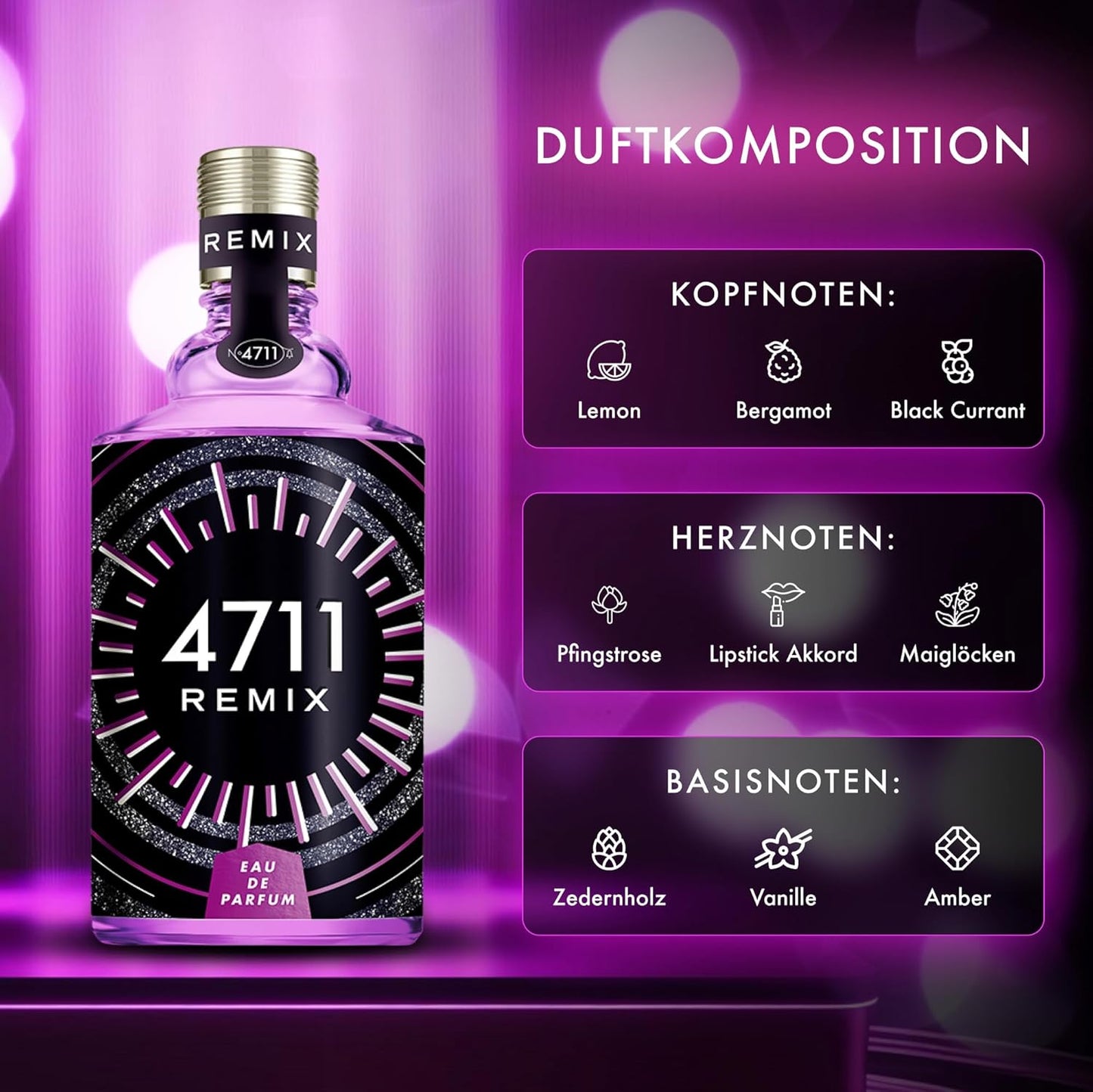 4711 Remix Electric Night Eau de Parfum, 100 ml: Damen Parfüm mit Zitrone, Pfingstrose, Zedernholz, Vanille – elektrisierender, intensiver, unwiderstehlicher Duft für Frauen