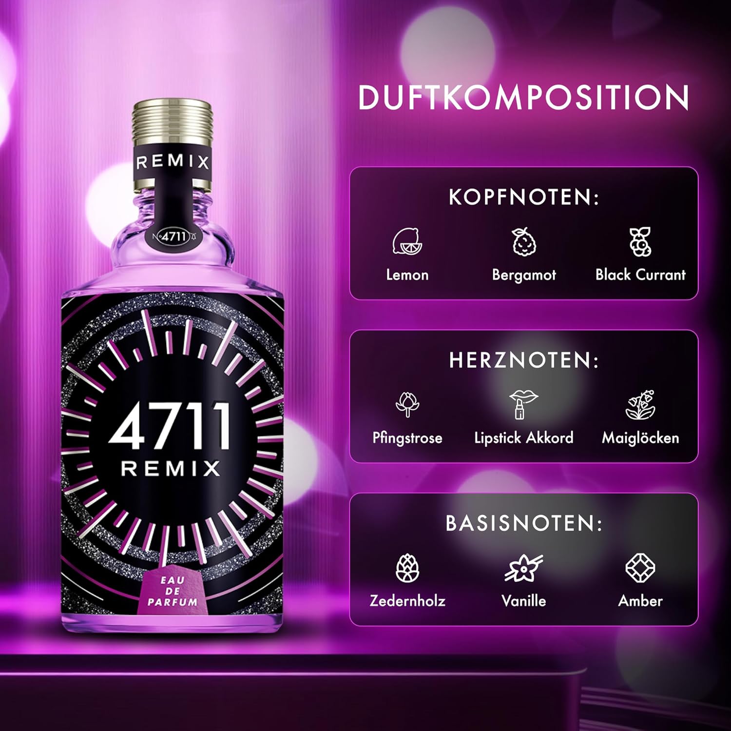 4711 Remix Electric Night Eau de Parfum, 100 ml: Damen Parfüm mit Zitrone, Pfingstrose, Zedernholz, Vanille – elektrisierender, intensiver, unwiderstehlicher Duft für Frauen
