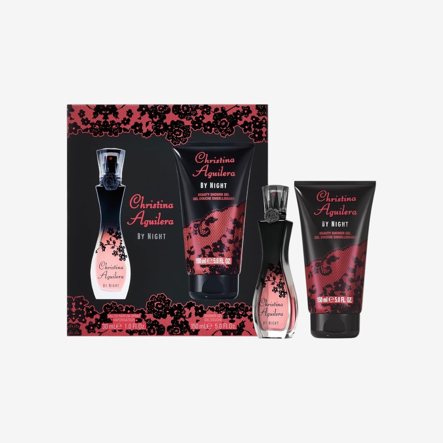 Christina Aguilera - By Night 2-tlg. Geschenkset, holzig-fruchtiger Gourmand-Duft, Freesie, Pfirsichblüte & Vanille, süßes, verführerisches & Provokantes 50 ml Duschgel + 15 ml Eau de Parfum für Damen