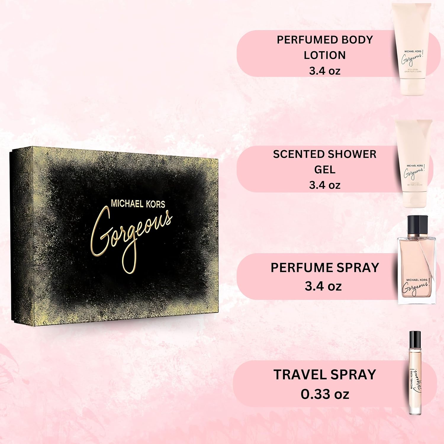 Gorgeous by Michael Kors for Women – Geschenk-Set 3,4 oz EDP Spray, 3,4 oz Body Lotion, 3,4 oz Shower Gel, 0,33 oz Eau de Parfum Spray