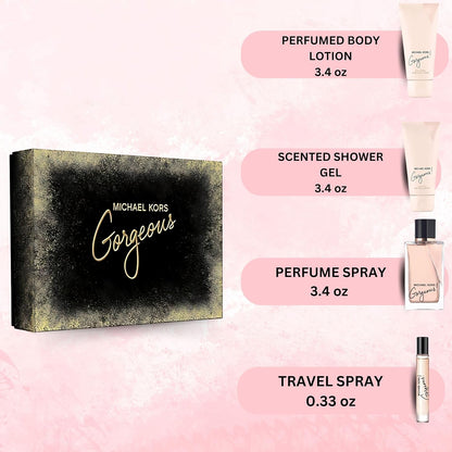 Gorgeous by Michael Kors for Women – Geschenk-Set 3,4 oz EDP Spray, 3,4 oz Body Lotion, 3,4 oz Shower Gel, 0,33 oz Eau de Parfum Spray
