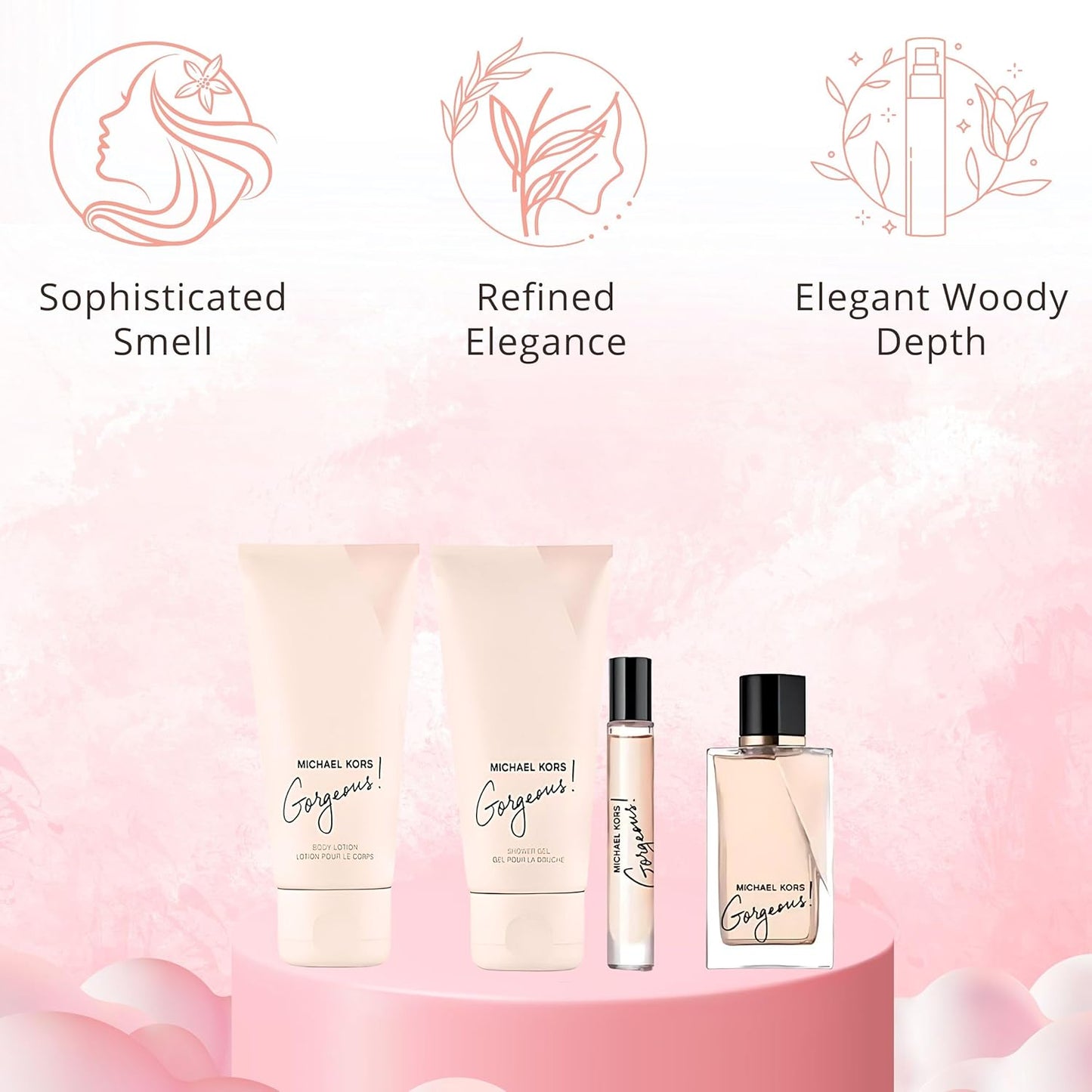 Gorgeous by Michael Kors for Women – Geschenk-Set 3,4 oz EDP Spray, 3,4 oz Body Lotion, 3,4 oz Shower Gel, 0,33 oz Eau de Parfum Spray