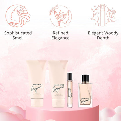 Gorgeous by Michael Kors for Women – Geschenk-Set 3,4 oz EDP Spray, 3,4 oz Body Lotion, 3,4 oz Shower Gel, 0,33 oz Eau de Parfum Spray