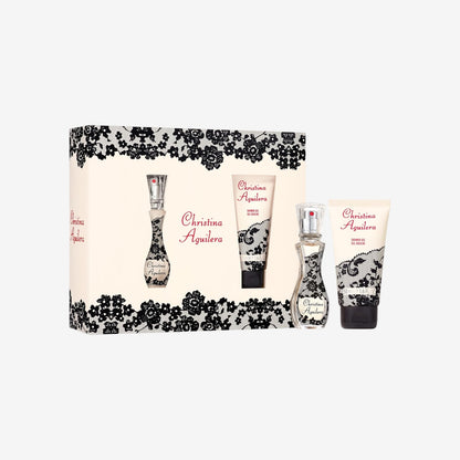 Christina Aguilera – Signature Geschenkset 2-teilig; floraler Amber-Duft; schwarzer Johannisbeertee, Pfingstrosen & Amber; exotisches glamouröses 150 ml Duschgel + 30 ml Eau de Parfum für Damen