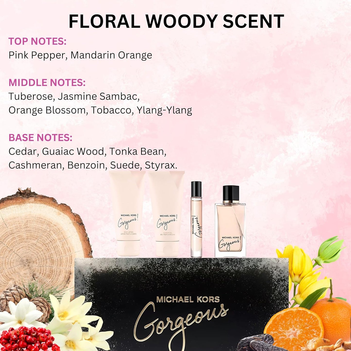 Gorgeous by Michael Kors for Women – Geschenk-Set 3,4 oz EDP Spray, 3,4 oz Body Lotion, 3,4 oz Shower Gel, 0,33 oz Eau de Parfum Spray